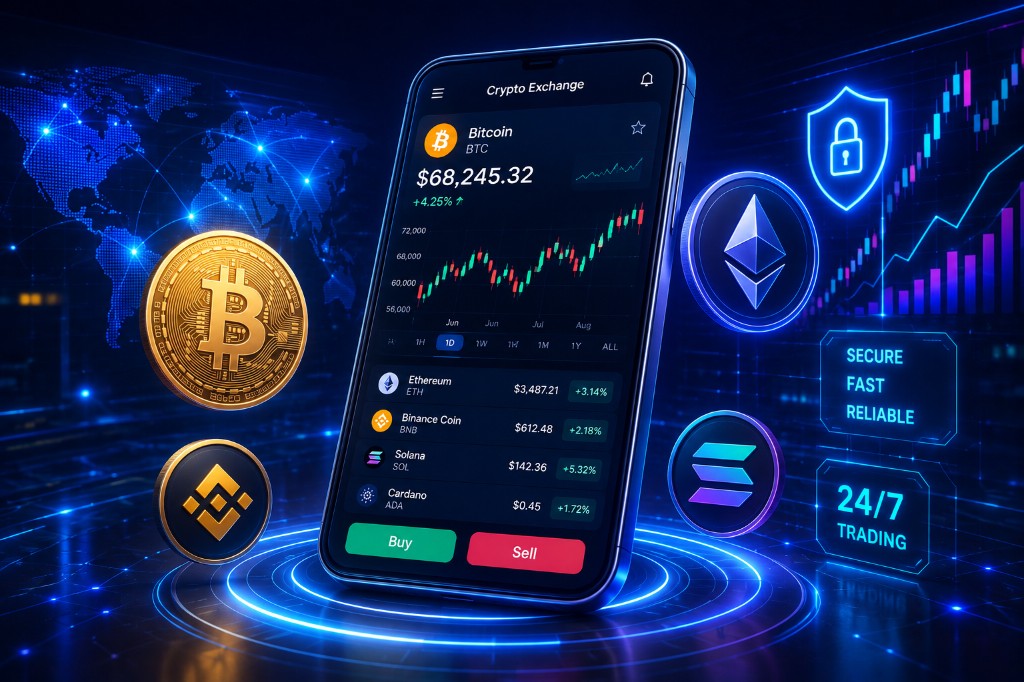 Crypto exchange mobile app with spot trading, P2P, futures and secure wallet features